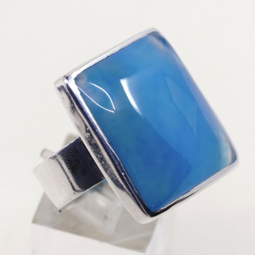 Sz 10, Vtg 925 sterling silver handmade Statement ring W/ Dendritic Blue agate