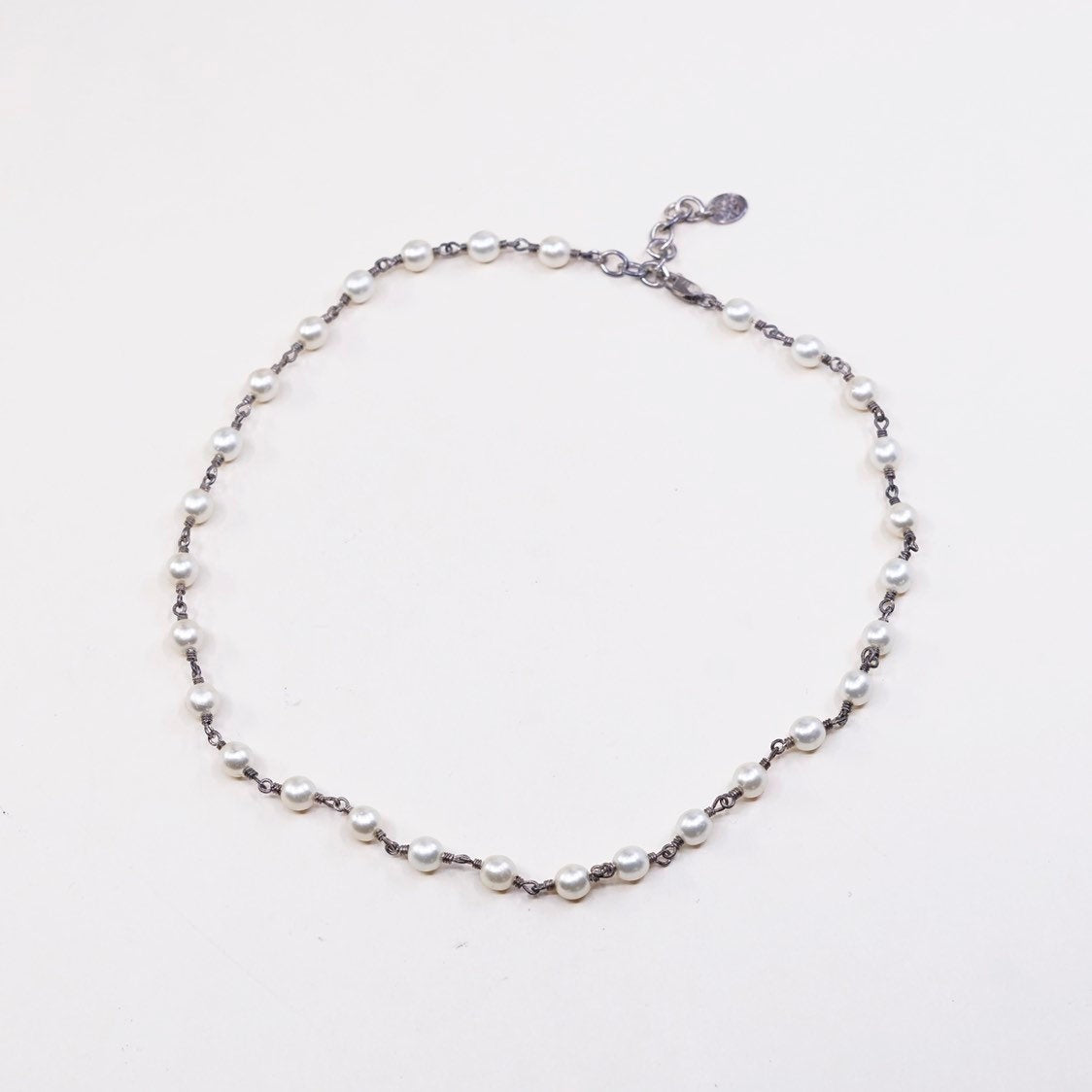 16+1”, vtg AK handmade Sterling silver bead chain w/ pearl beads