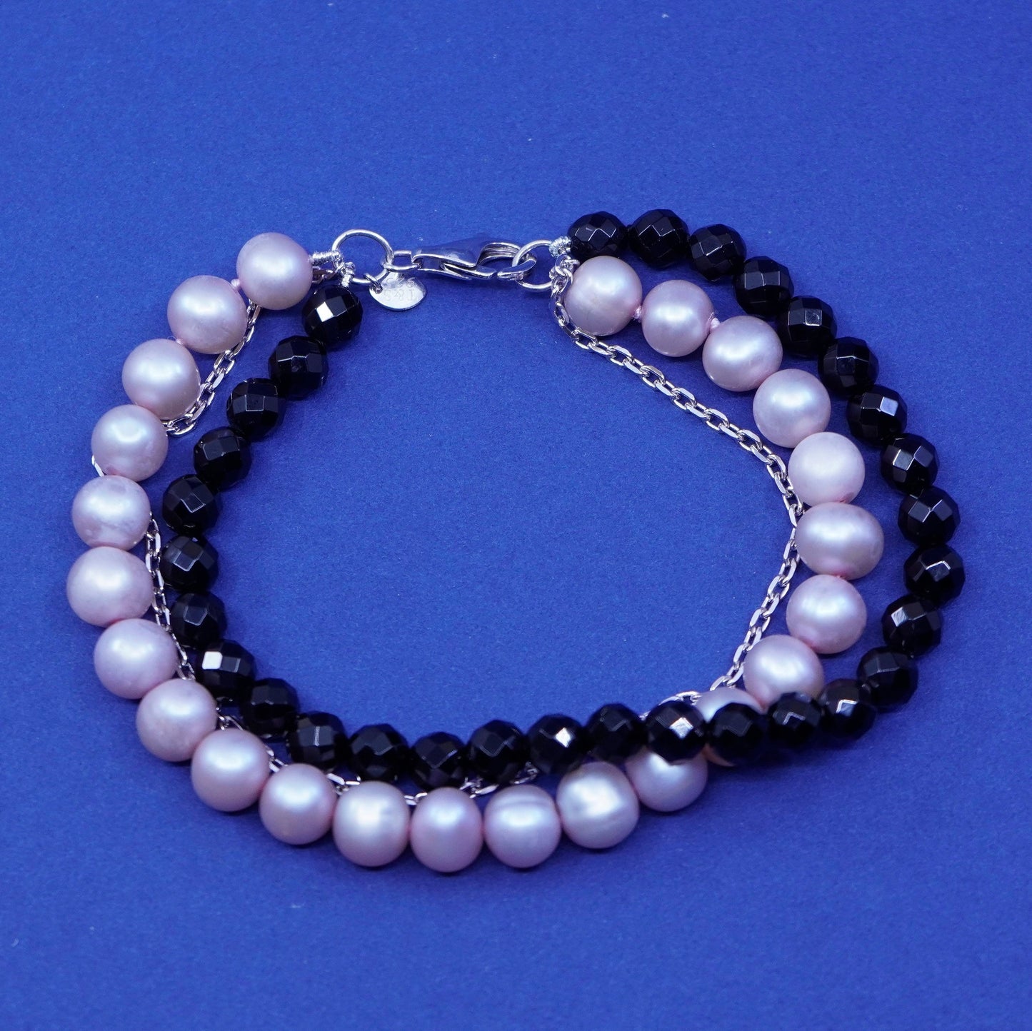 6.75”, vintage Sterling 925 silver handmade bracelet, obsidian and pearl beads