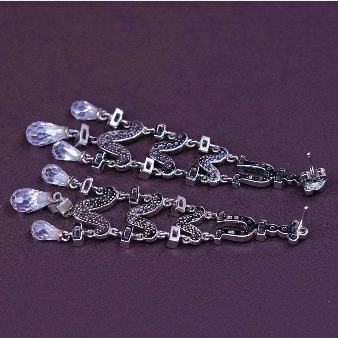 vtg CC Sterling silver handmade earrings, 925 w/ teardrop Swarovski crystal