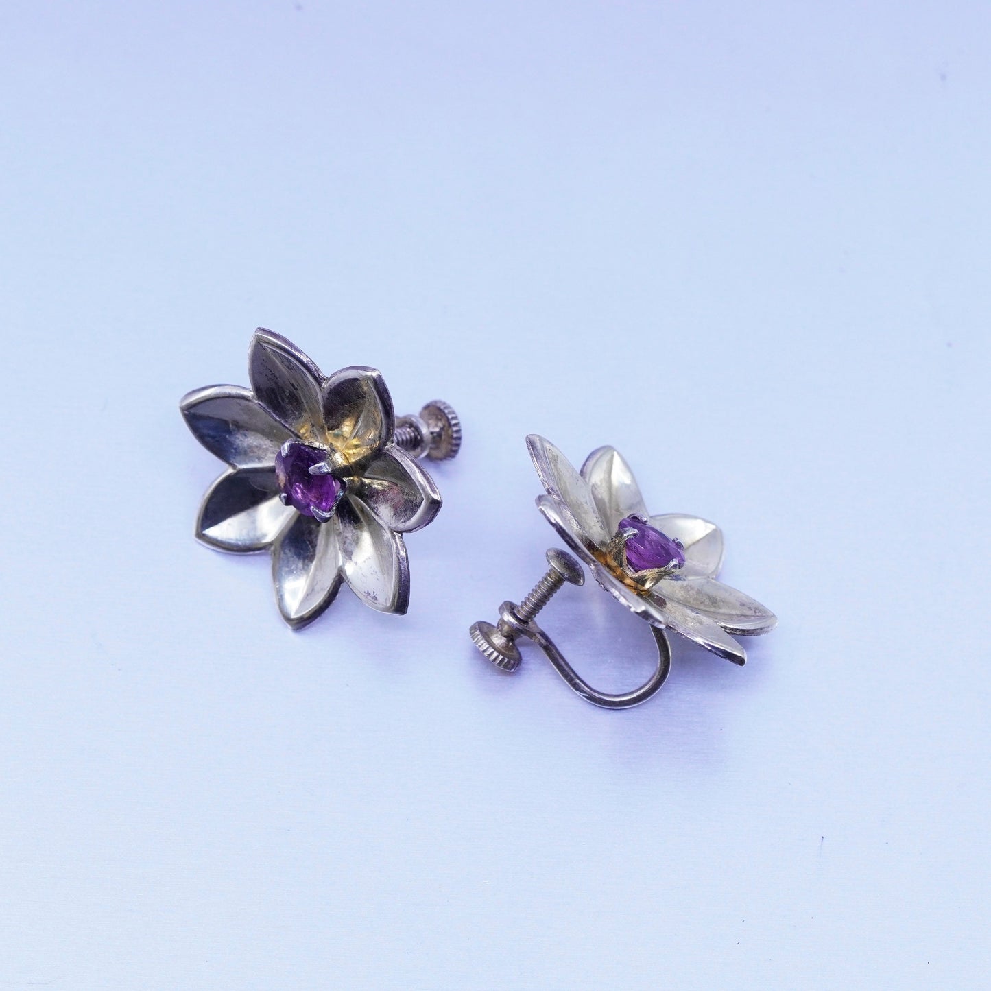 Vermeil Gold over Sterling 925 silver earrings, screw back flower with amethyst