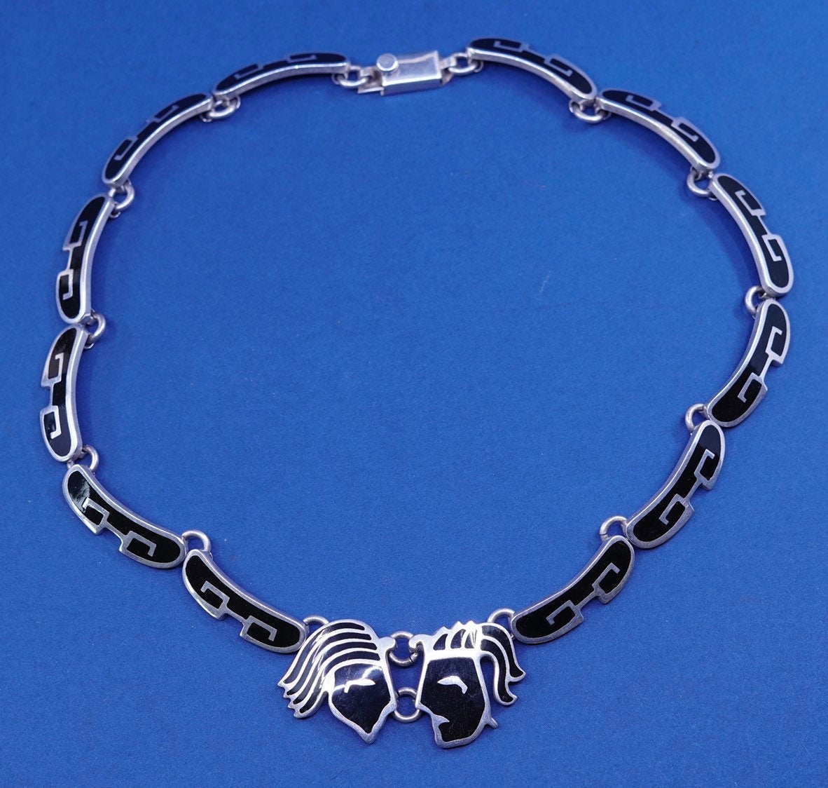 18”, Southwestern sterling 925 silver handmade necklace, man woman face w/ onyx