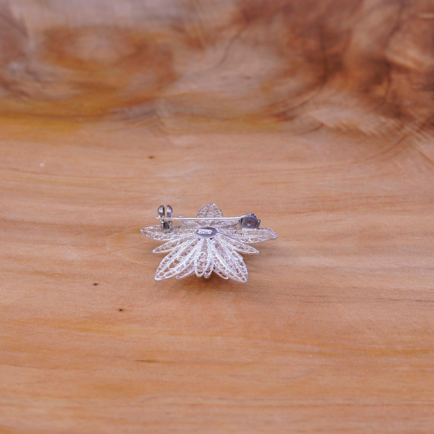 Vintage handmade sterling 925 silver filigree flower brooch