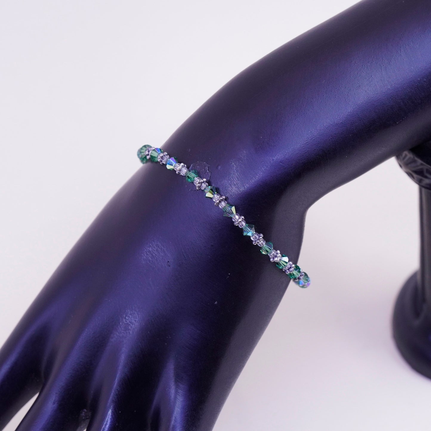 7”, vintage Sterling silver handmade bracelet, 925 beads green crystal beads