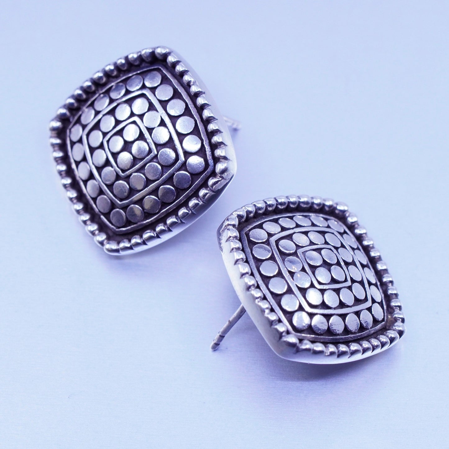 0.75”, Vintage Sterling 925 silver handmade earrings, square bead studs