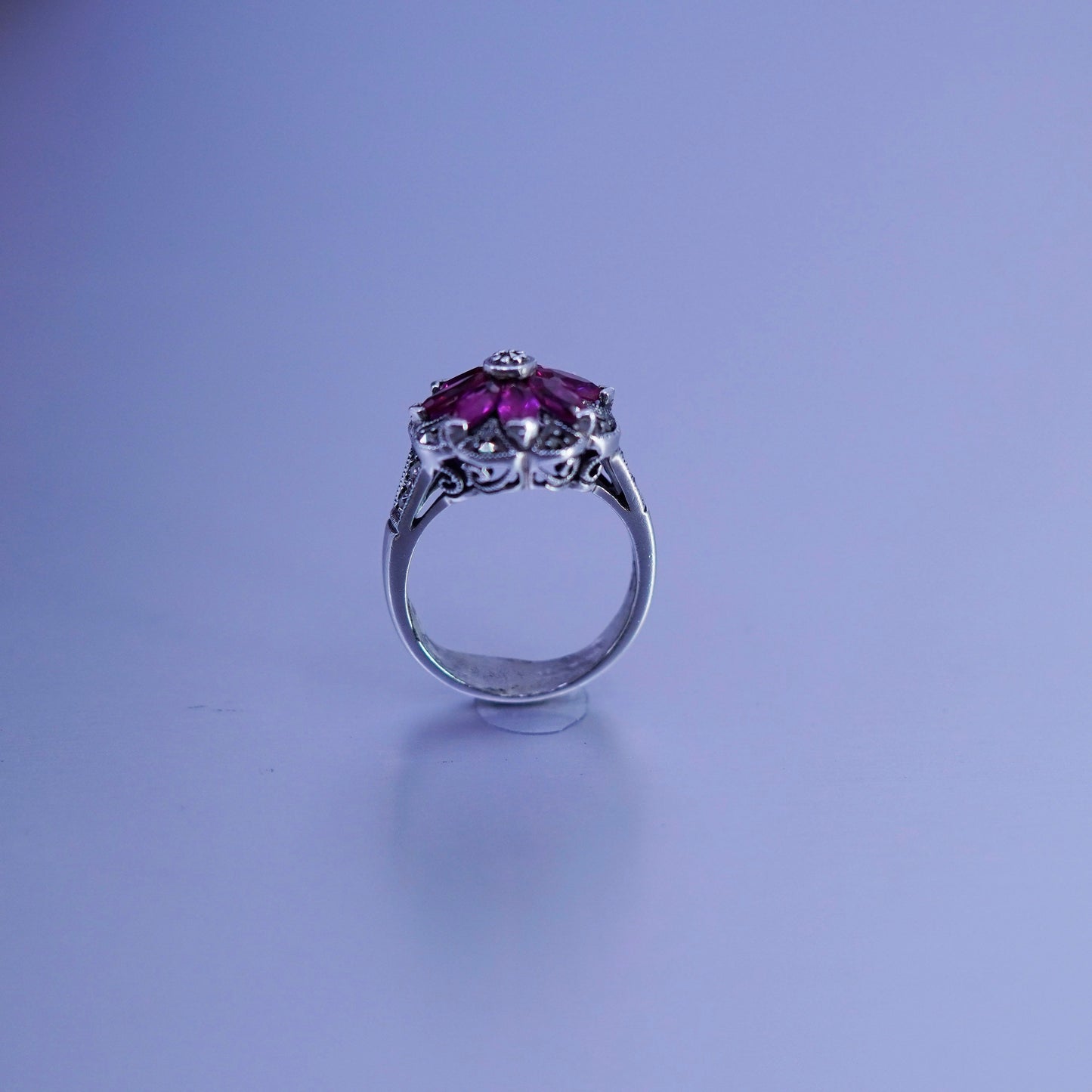sz 5, designer Sterling 925 silver handmade statement crown ring ruby marcasite