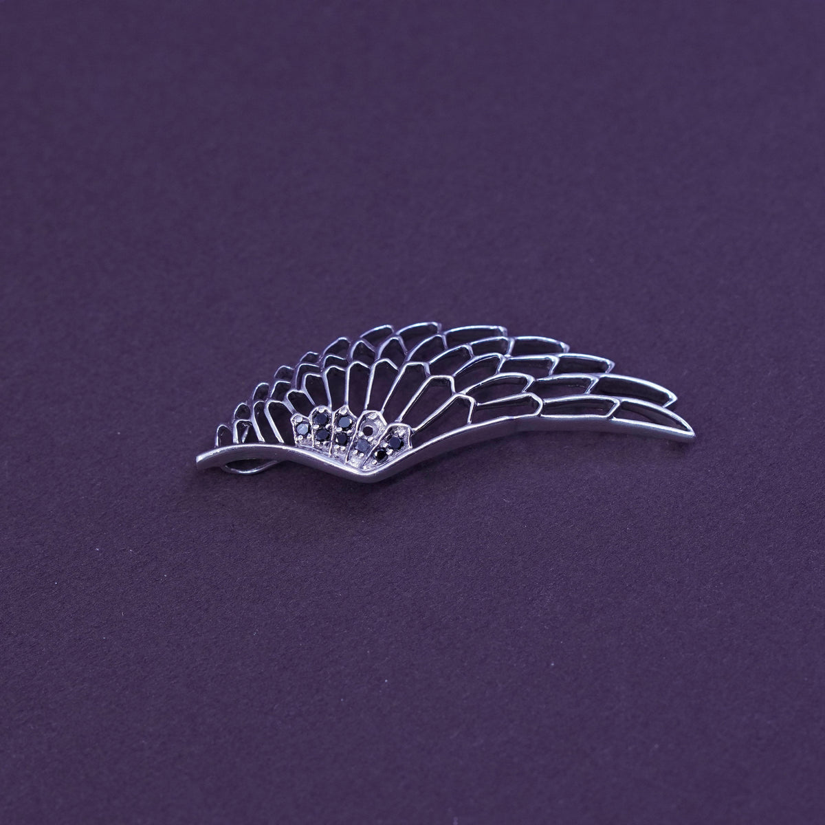 Vintage Sterling silver pendant, 925 silver wing with black diamond