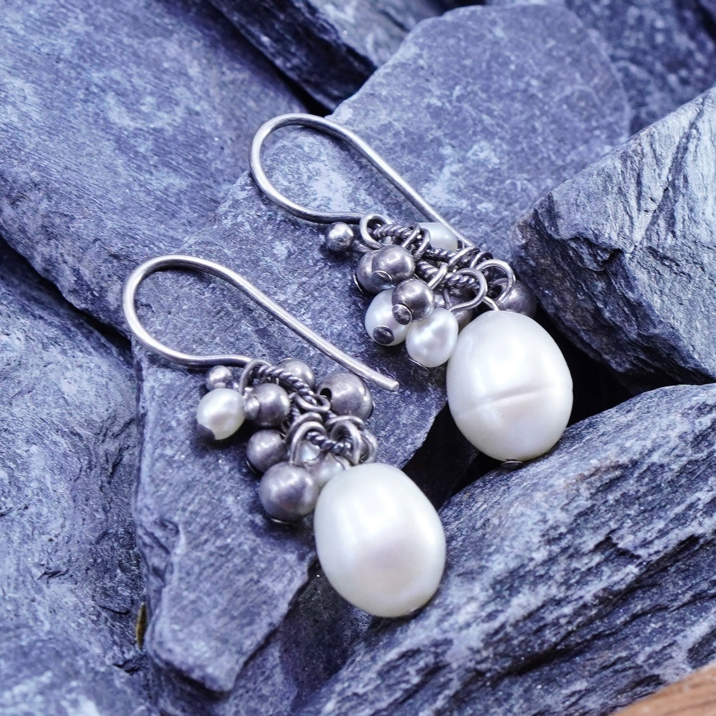Rare 925 Sterling 925 Silver handmade pearl bead dangly cluster earrings W1352