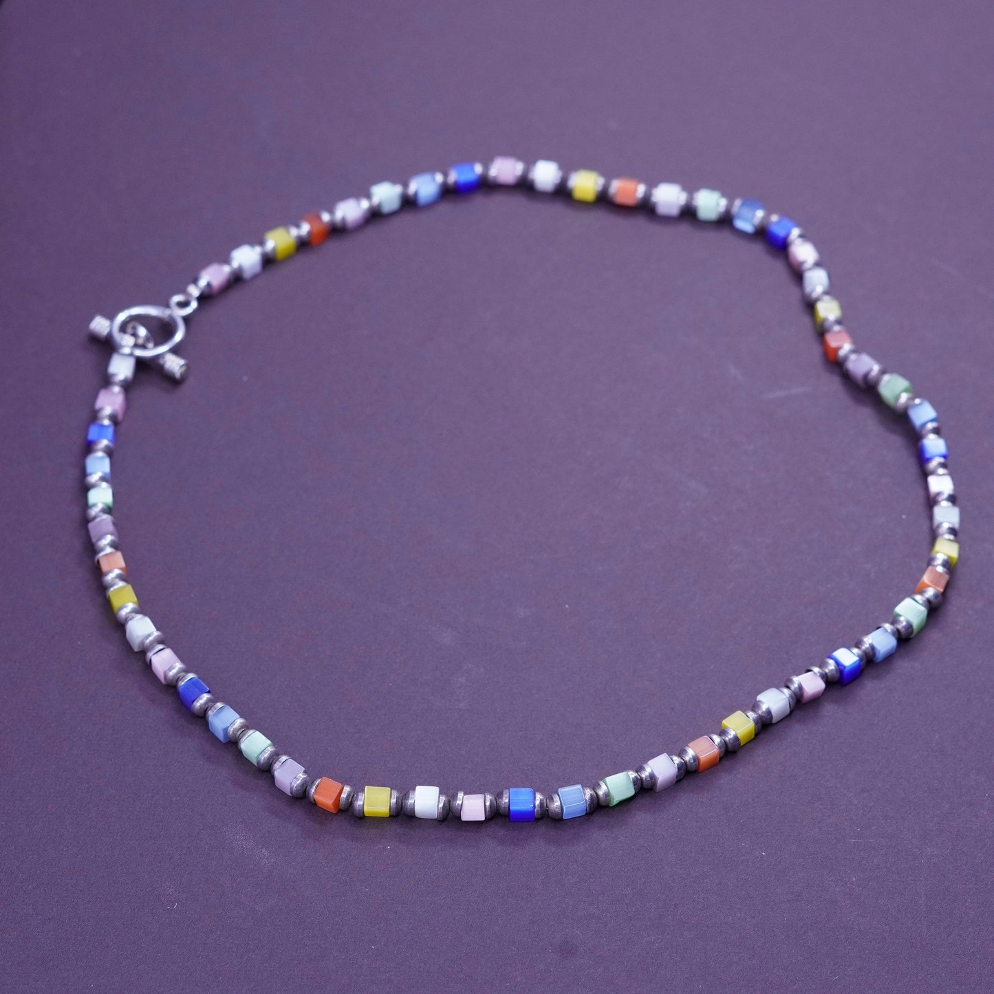 18”, sterling silver handmade necklace, 925 heishi chain with cats eye beads
