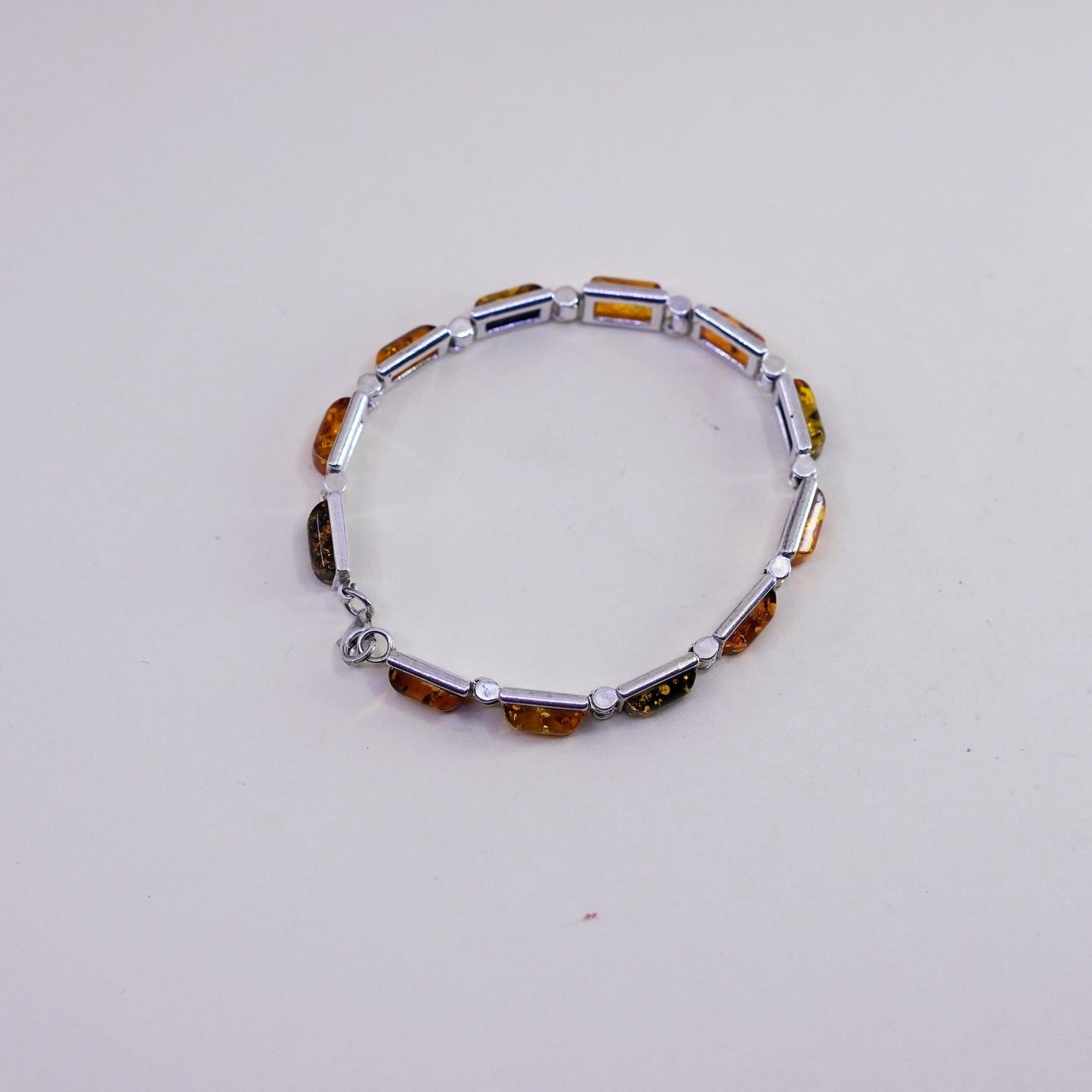 7”, Vintage sterling 925 silver handmade tennis bracelet with amber inlay