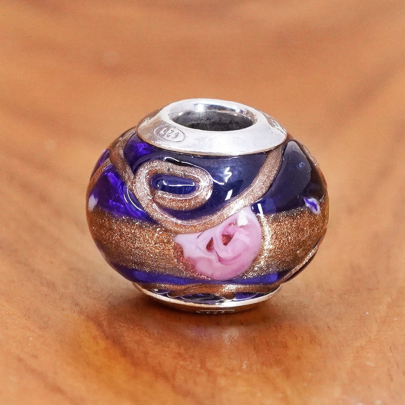 Vintage handmade blue Murano glass bead Sterling 925 silver charm