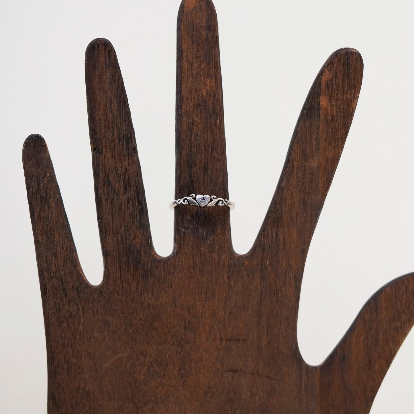 Size 6, vtg Sterling silver handmade ring, 925 stackable band with heart cross
