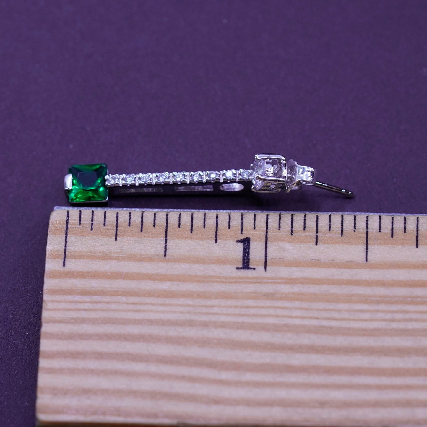 Vintage Sterling silver handmade earrings, 925 long drops with green clear CZ