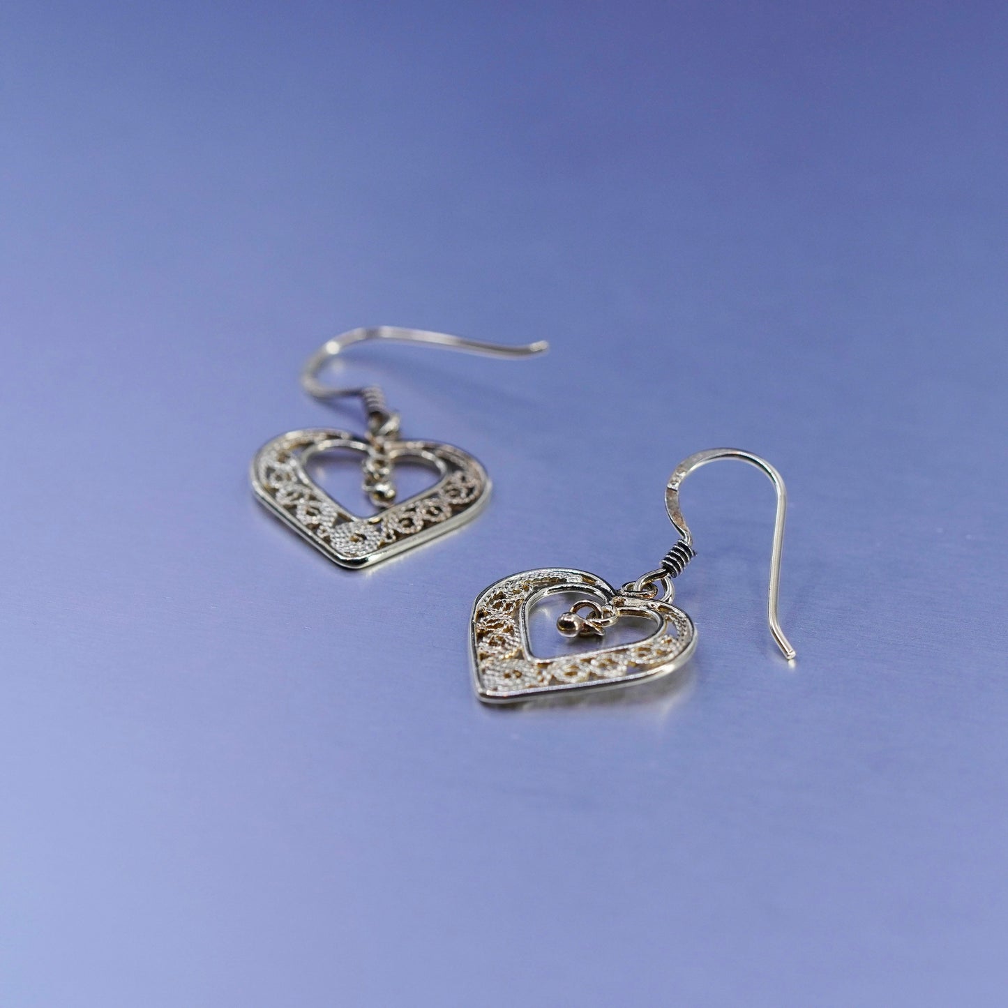 Vintage vermeil gold over Sterling 925 silver handmade filigree heart earrings