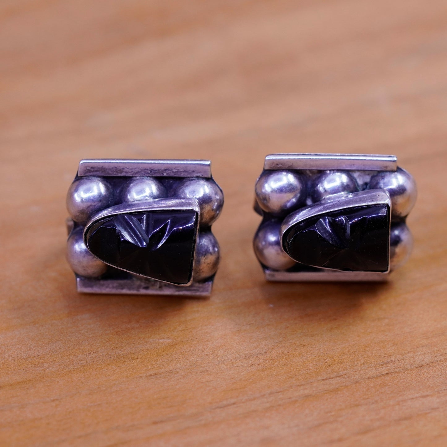 Sterling 925 silver handmade screw back earrings obsidian Mexican warrior face