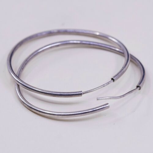1.75”, Vtg 925 Sterling Silver Handmade Hollow Modernist Huggie Hoop Earrings