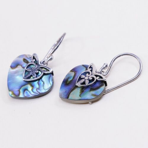 Vtg ATI Indonesia Sterling Silver Handmade Earrings, 925 Heart abalone