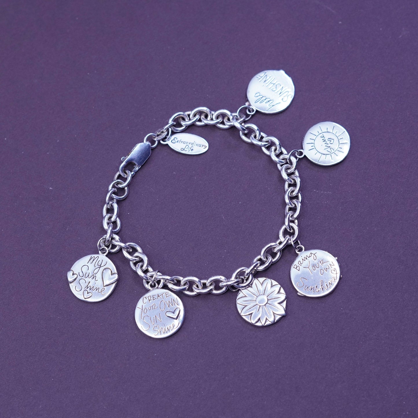7”, vtg Sterling silver handmade bracelet, 925 bold circle chain with 6 charms