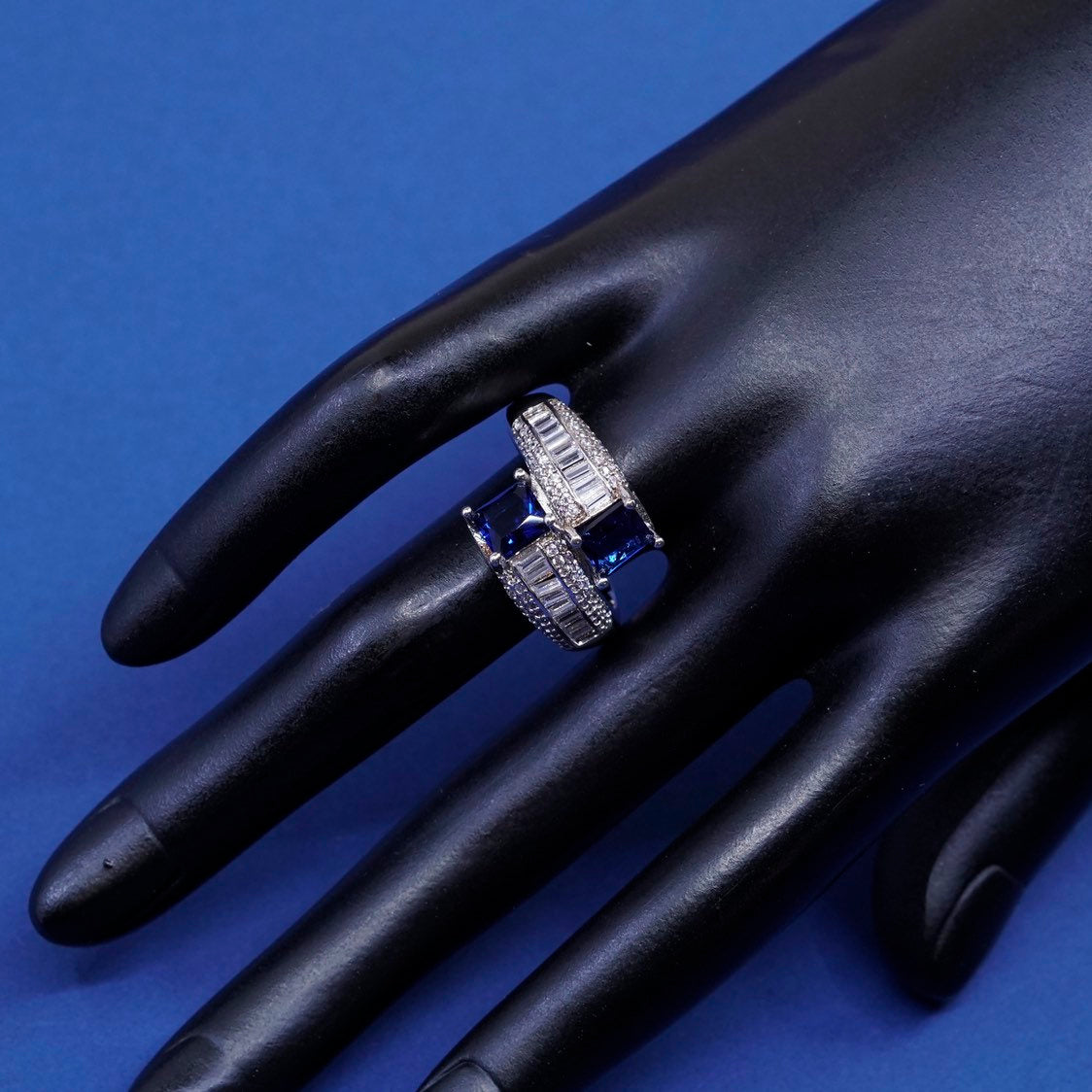 sz 9.25, Sterling 925 silver handmade ring w/ sapphire cluster cocktail ring