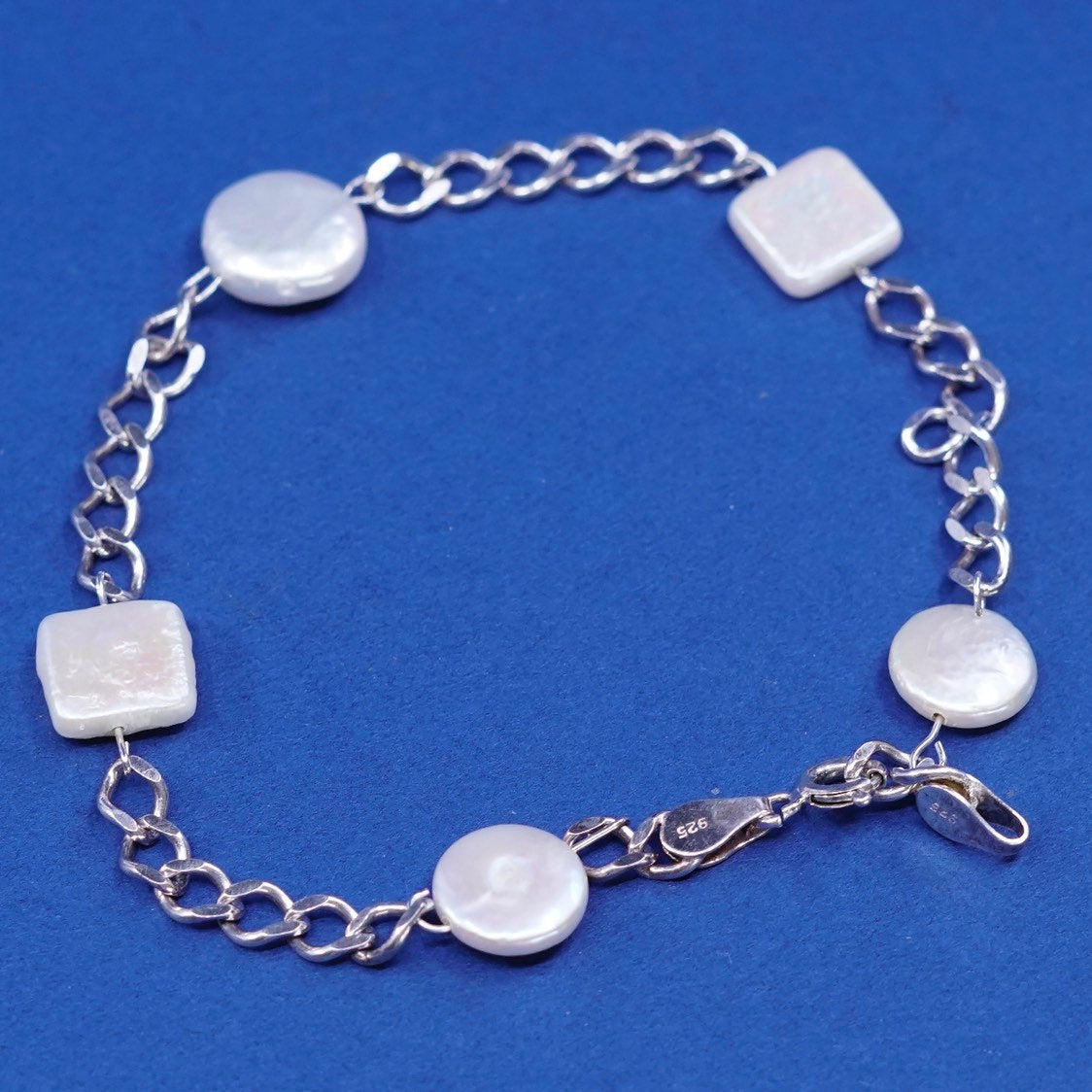 7.75", vtg Sterling silver handmade bracelet, 925 clasp w/ pearl beads