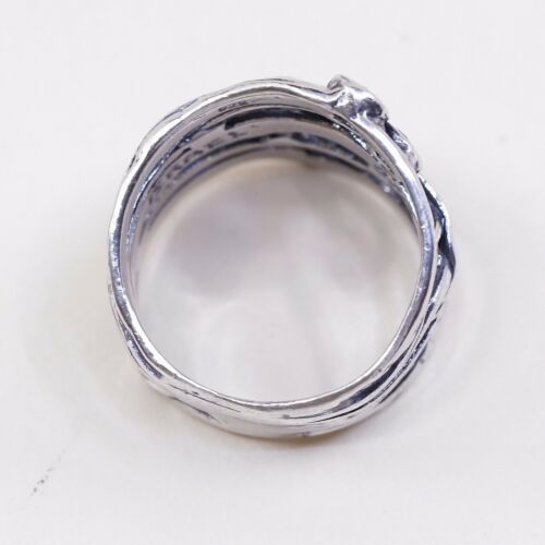 Sz 7, Vtg Israel Sterling Silver Handmade Ring, 925 Leaves Band W Cz
