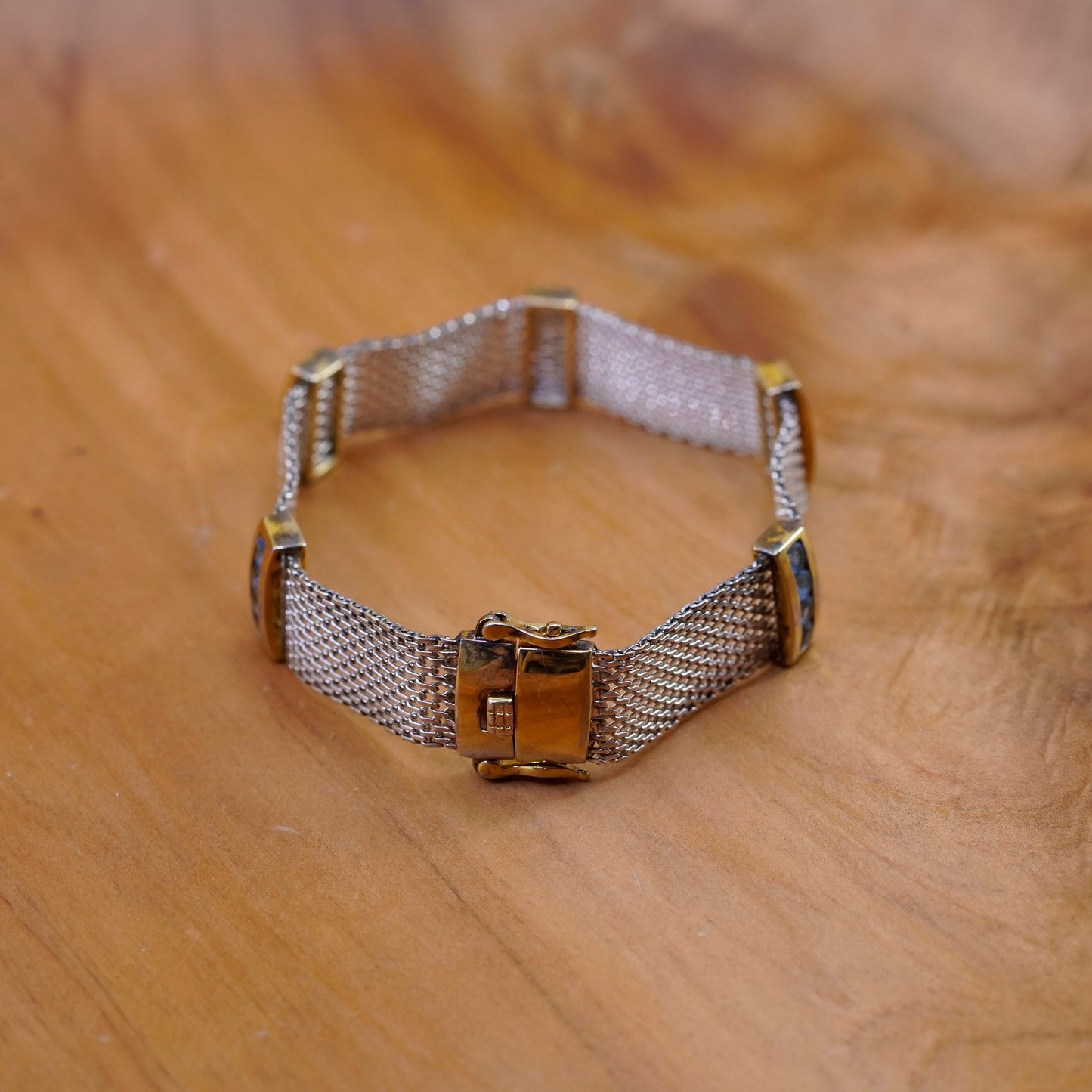 7”, Vintage two tone Sterling 925 silver handmade bracelet, mesh chain topaz