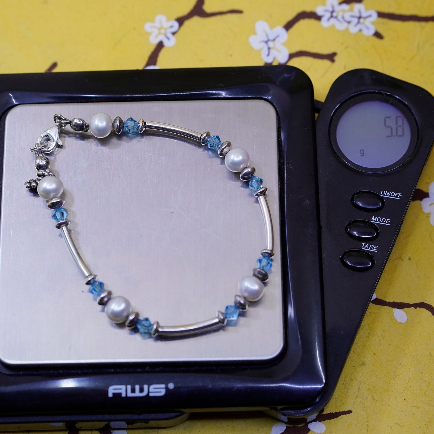 6.75”, Sterling silver handmade beads bracelet, 925 bar chain pearl crystal