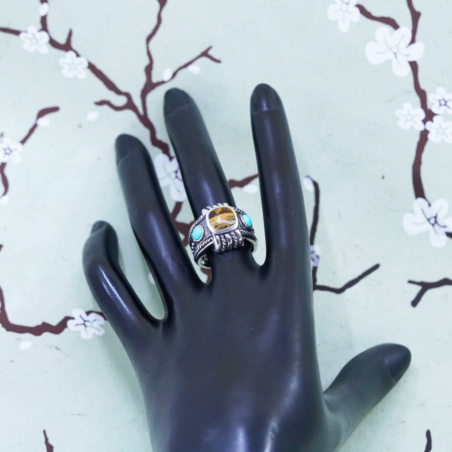 Size 7, sterling silver ring, band with golden tiger eye and turquoise beads