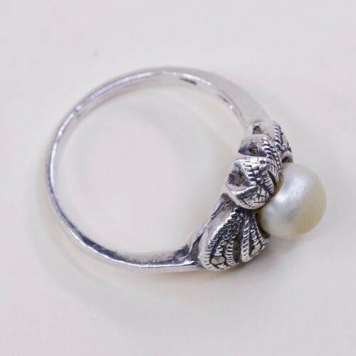 Sz 7.25, Vtg Sterling Silver Handmade Ring, 925 Silver W/ Faux pearl N Marcasite