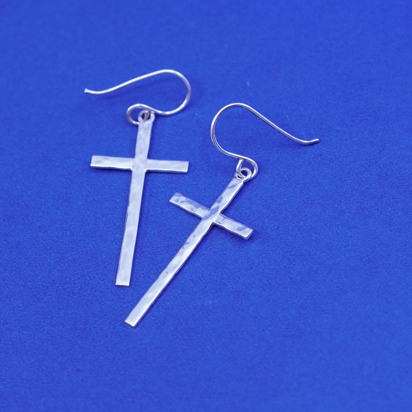 Vintage Sterling silver handmade earrings, hammered 925 cross drops