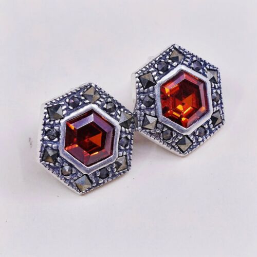 Vtg Sterling Silver Handmade Earrings, 925 Silver Studs W/ Marcasite N Ruby