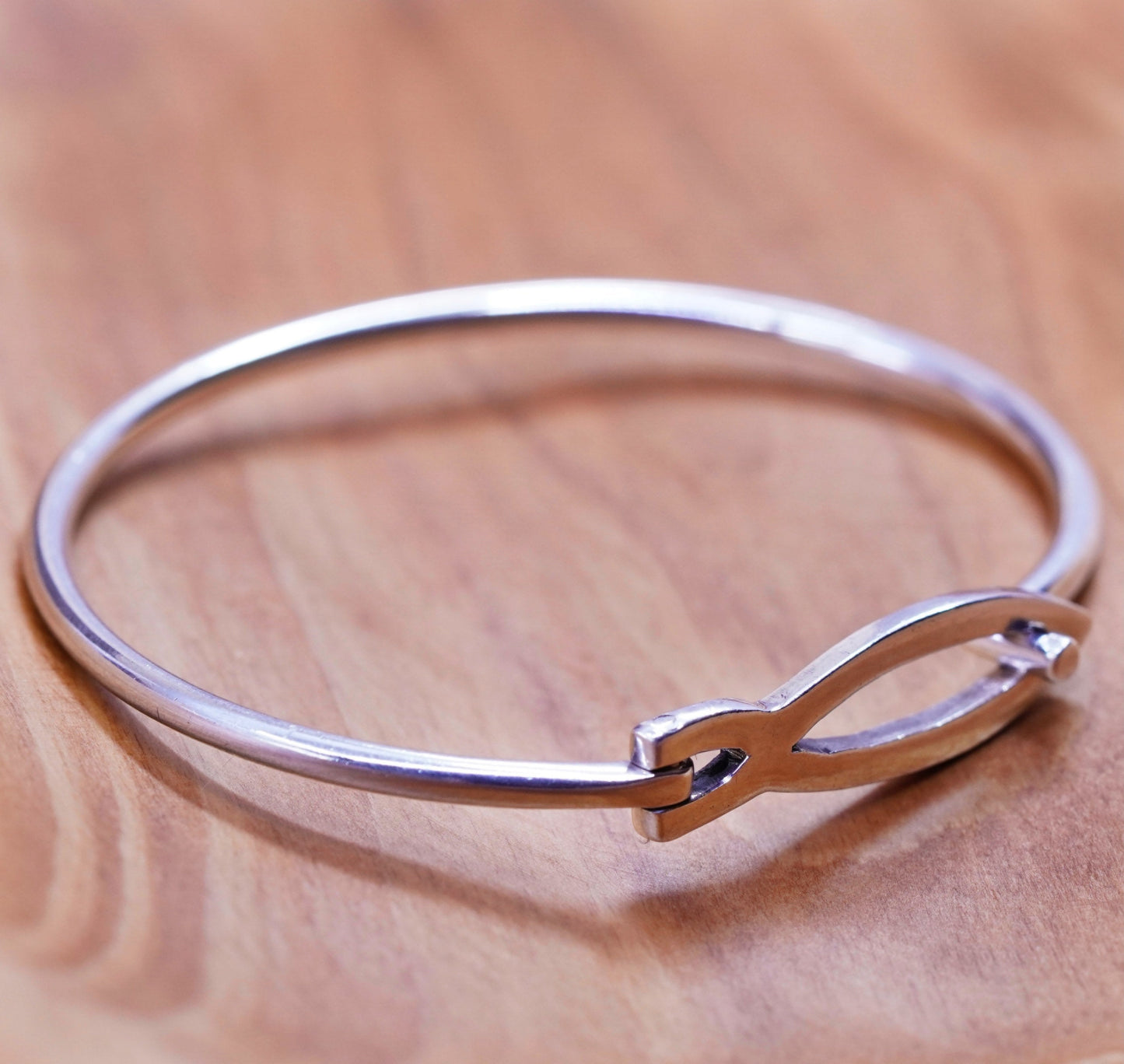 6.5”, antique sterling silver handmade bracelet, 925 hinged bangle fish closure