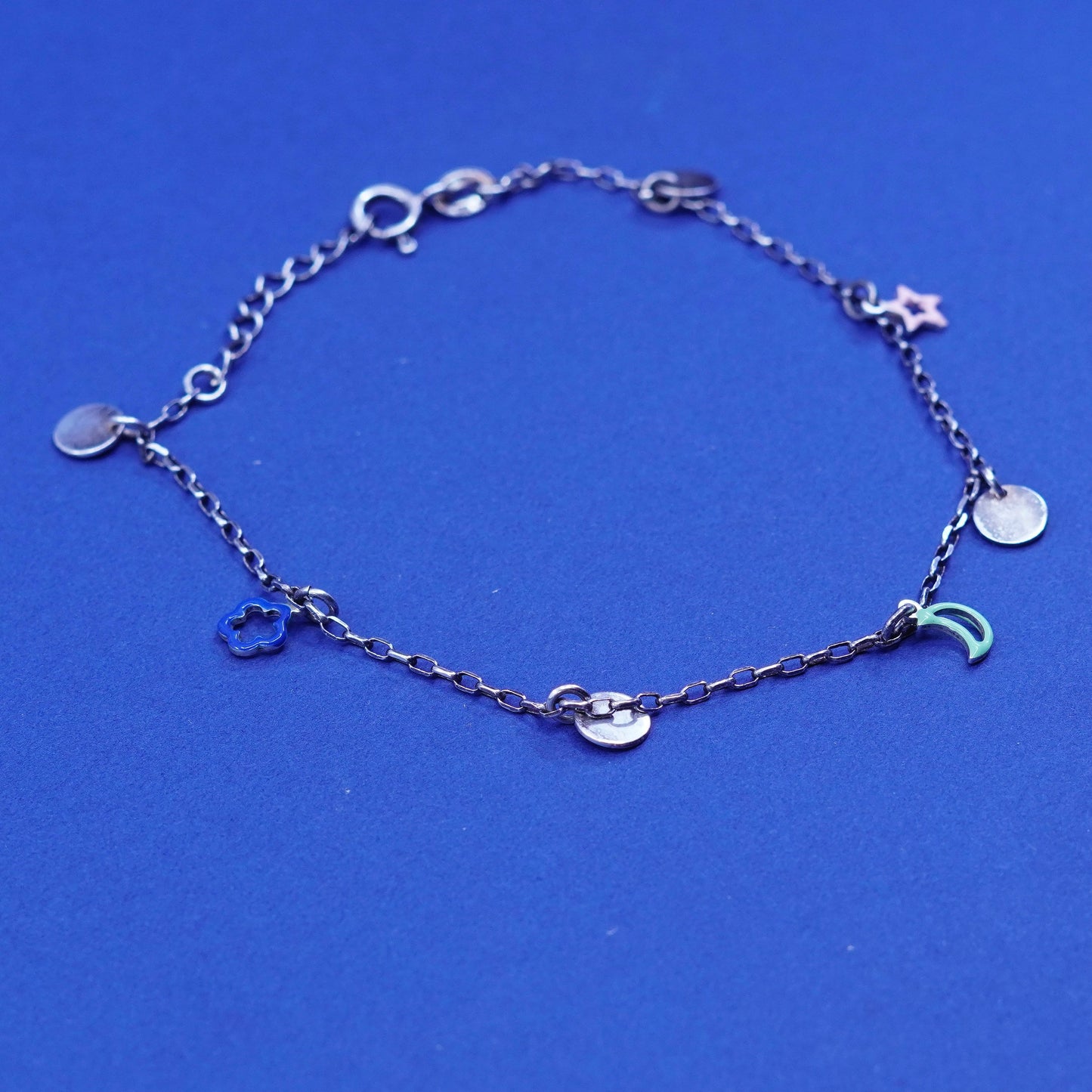 9+1”, Sterling silver bracelet, 925 elongated anklet w/ flower moon star charms