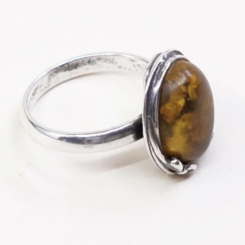Sz 7, Vtg Orange Amber Sterling 925 Silver Handmade Ring, Stamped 925