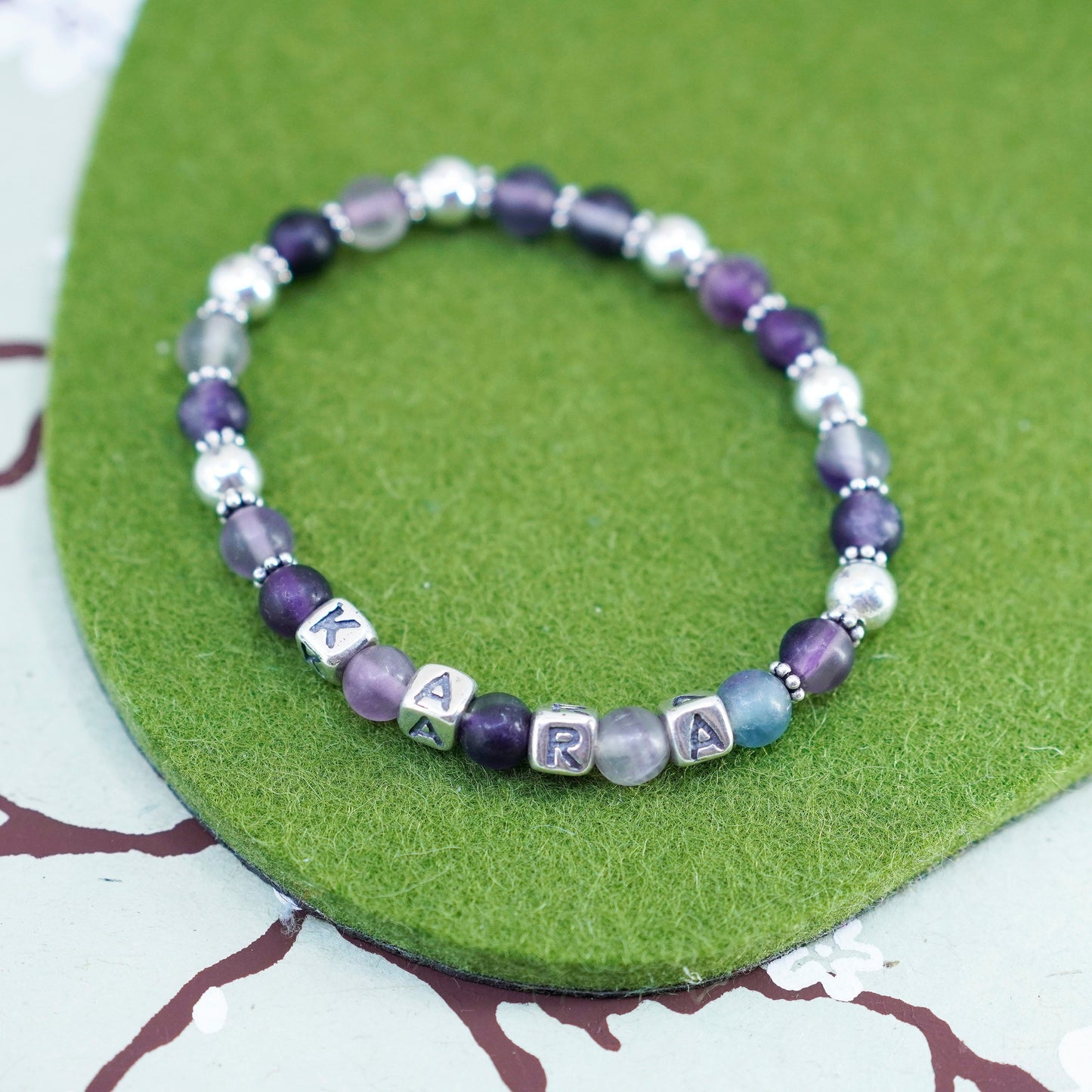 6.5”, handmade Bracelet amethyst beads and 925 sterling silver cube “Kara”