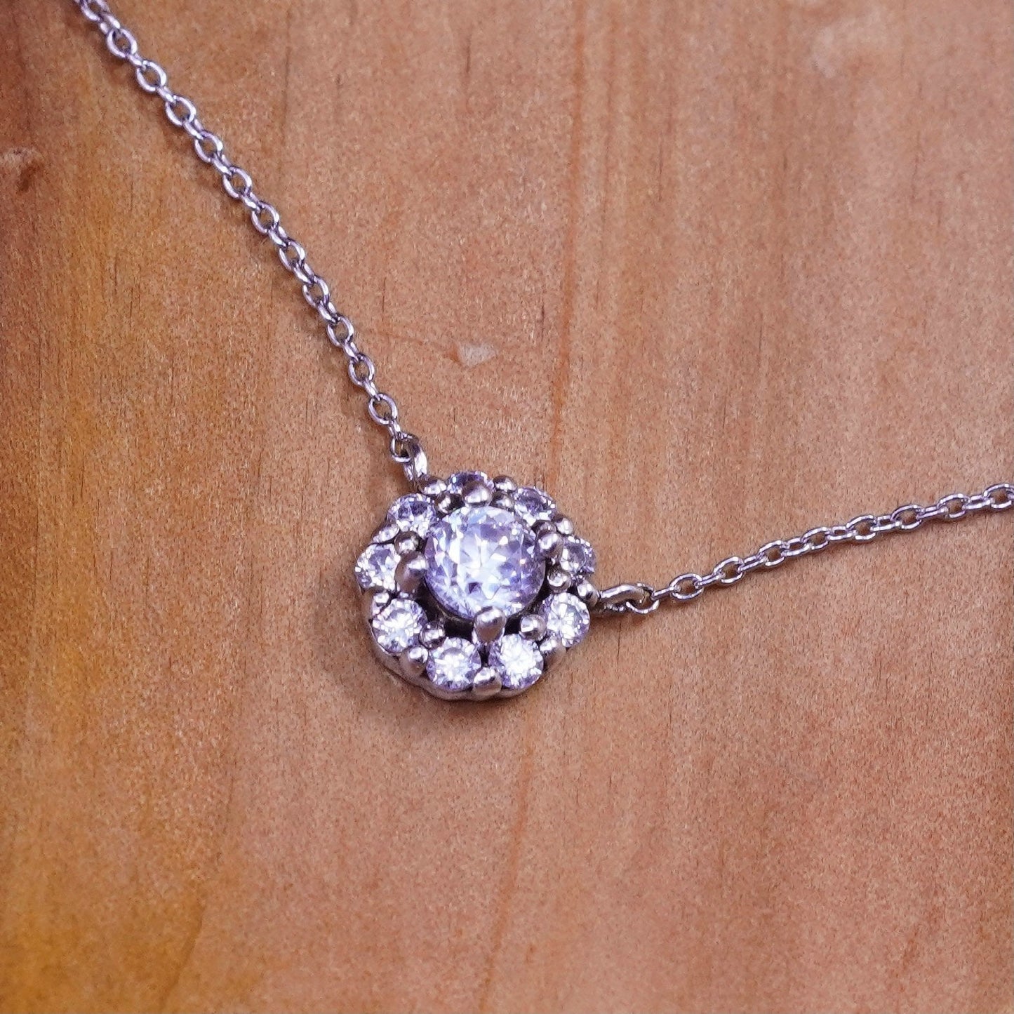 16+2”, 1mm, vintage Sterling silver necklace, 925 circle chain with Cz pendant