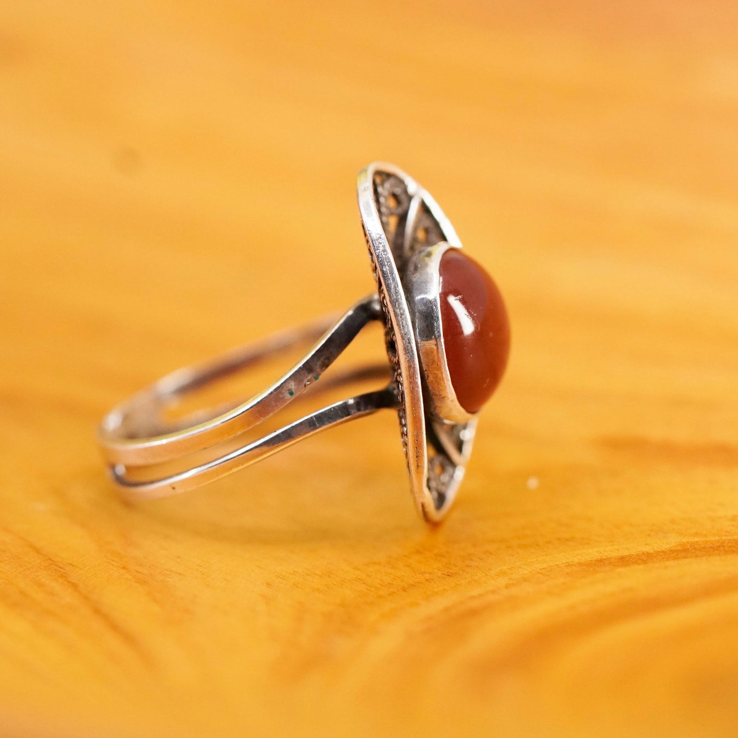 Size adjustable, vintage Sterling silver handmade filigree ring with carnelian