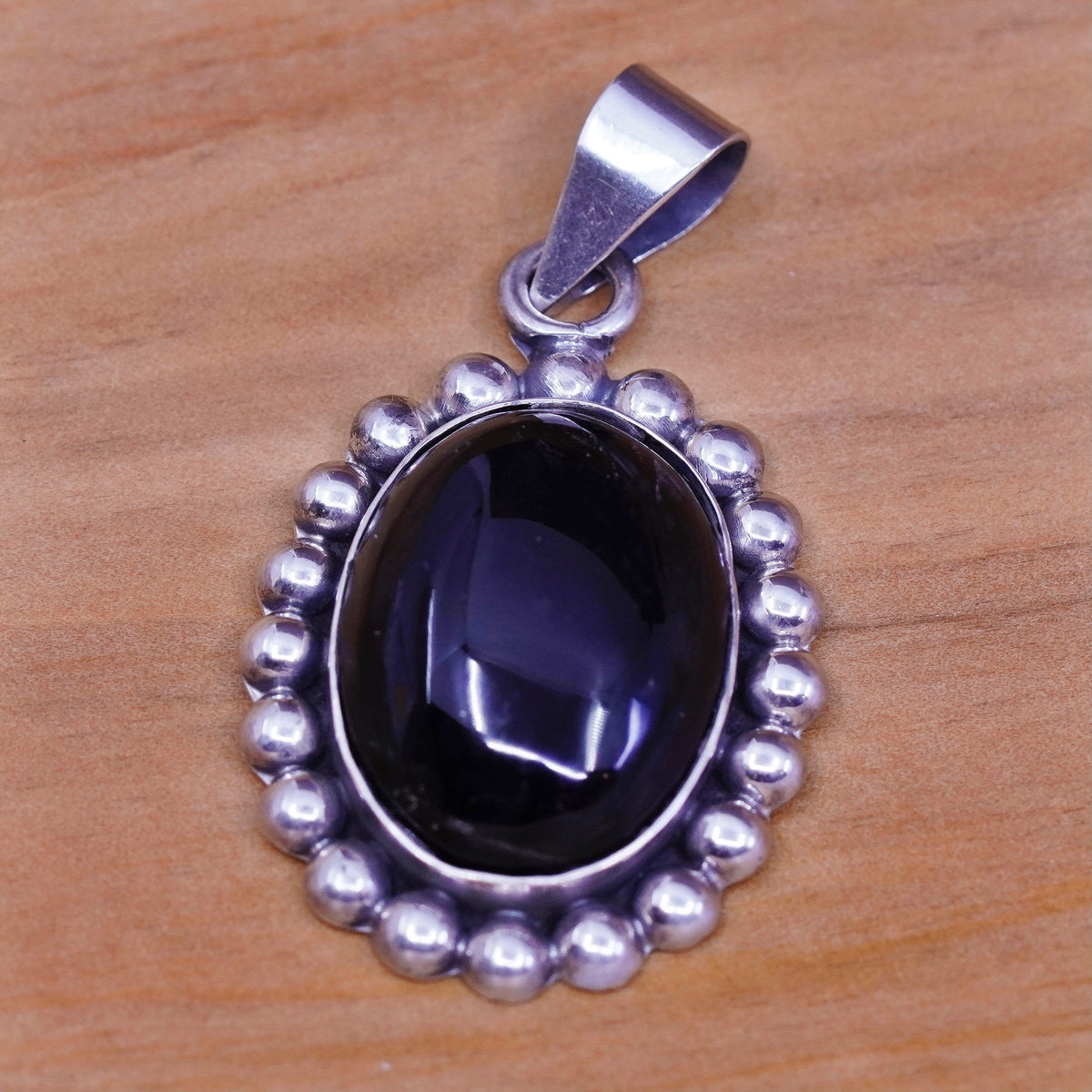Vintage Sterling silver handmade pendant, Mexico 925 with oval onyx and beads