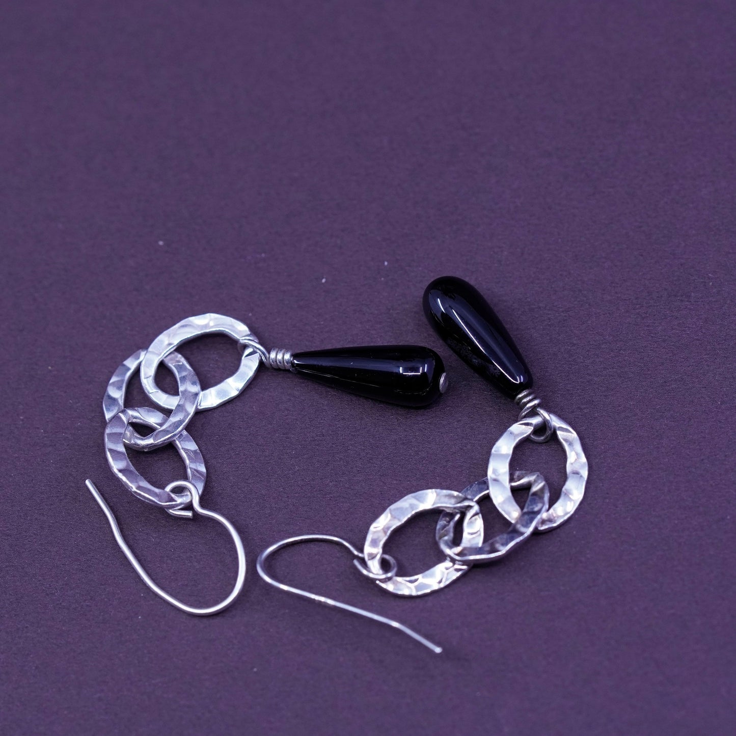 shube Sterling silver handmade earrings, 925 oval linen with teardrop obsidian