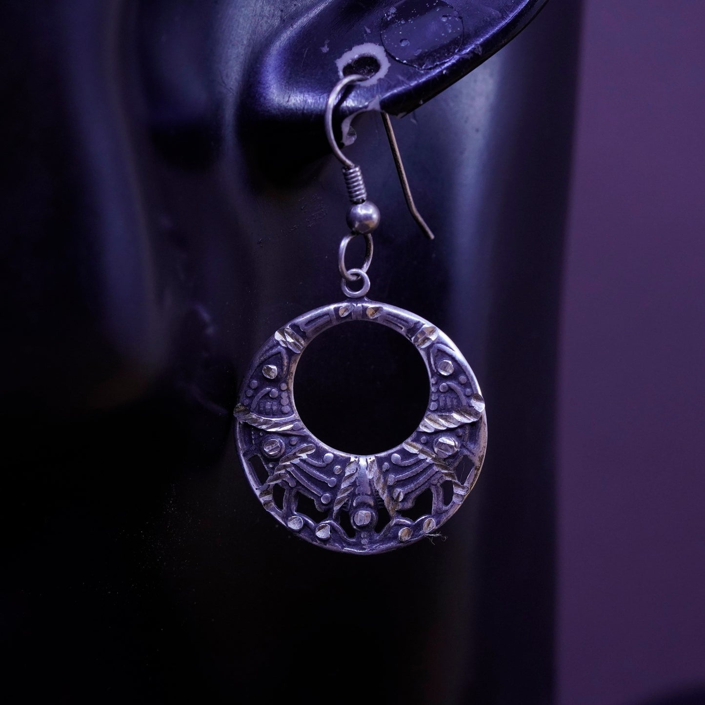 Vintage Sterling silver handmade earrings, 925 textured circles dangle