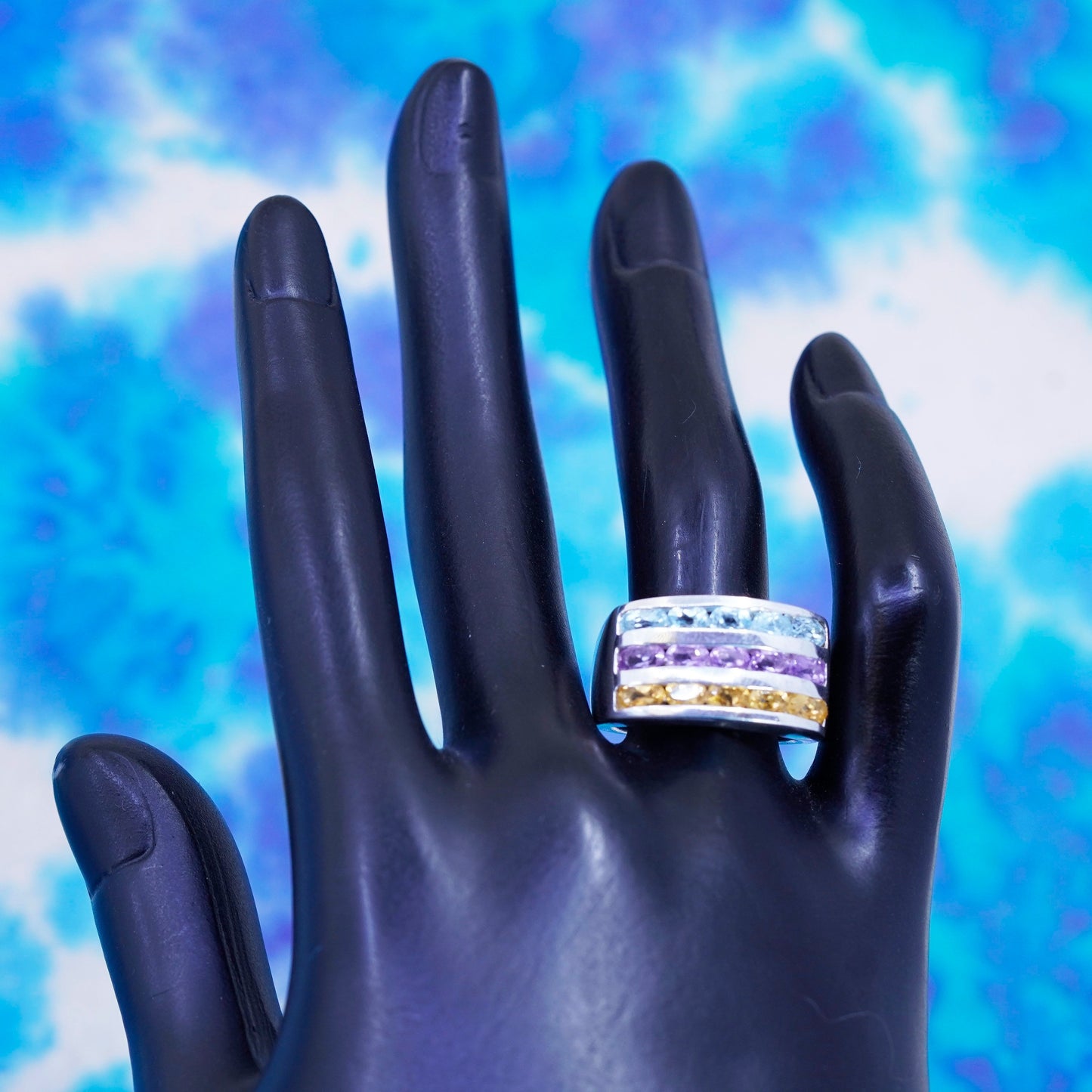 Size 8.5, vtg Sterling silver handmade ring, 925 band amethyst sapphire citrine