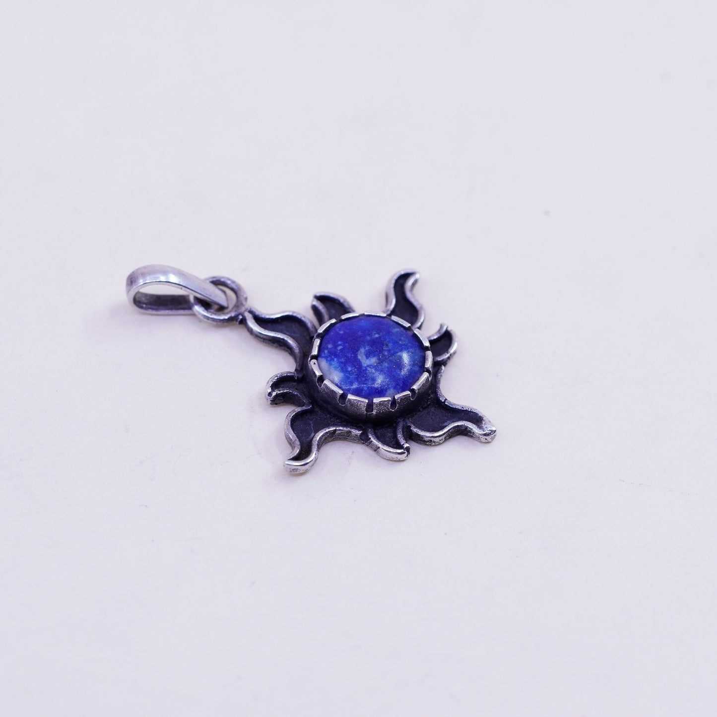 Vintage Mexico sterling 925 silver handmade sun pendant with circle sodalite