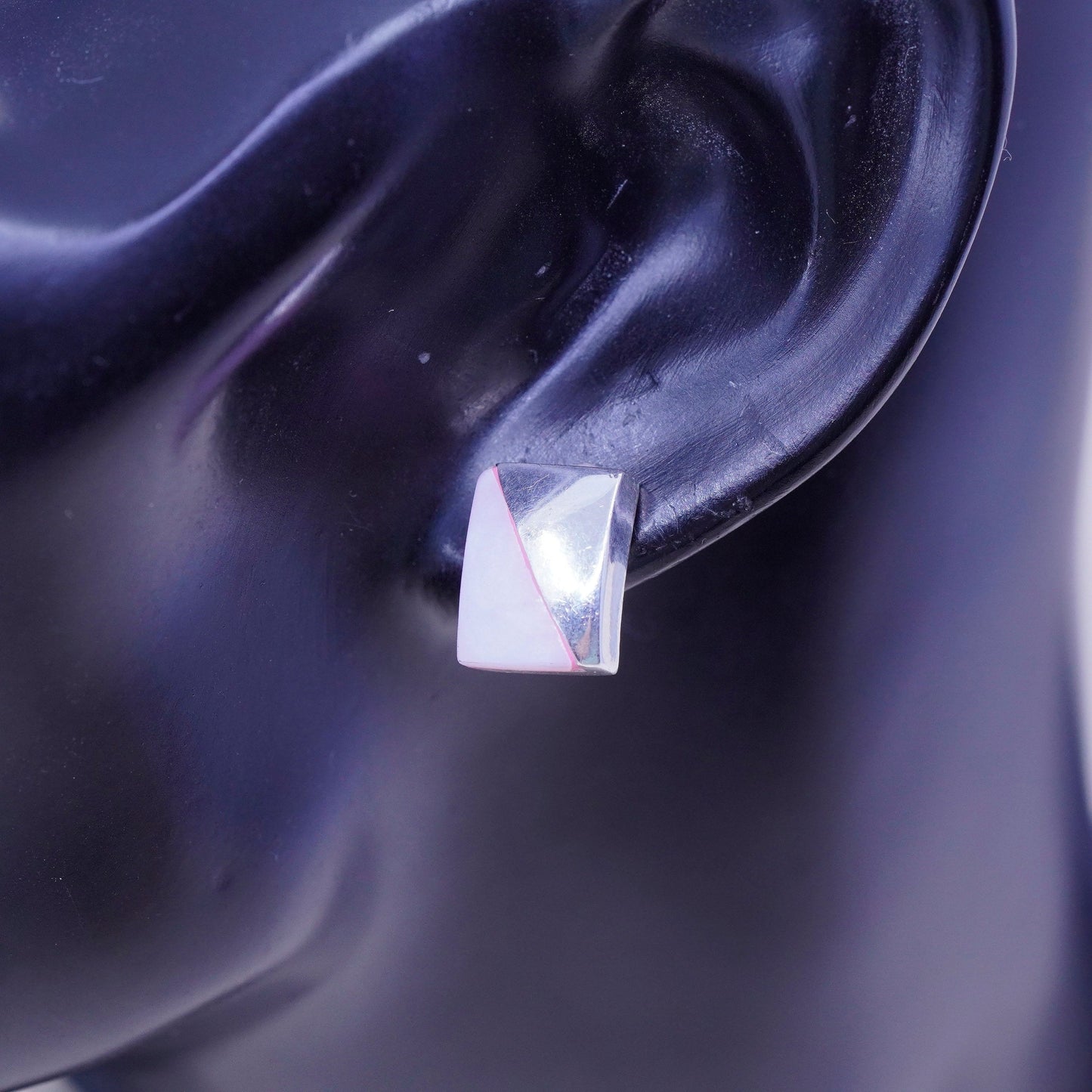 vtg sterling silver earrings, 925 square modern studs with pink mother of pearl