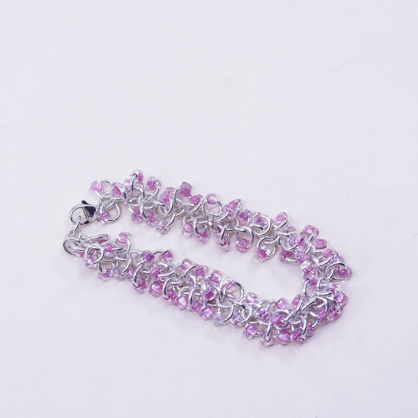 7”, Vintage sterling silver bracelet, 925 circle chain with cluster pink beads