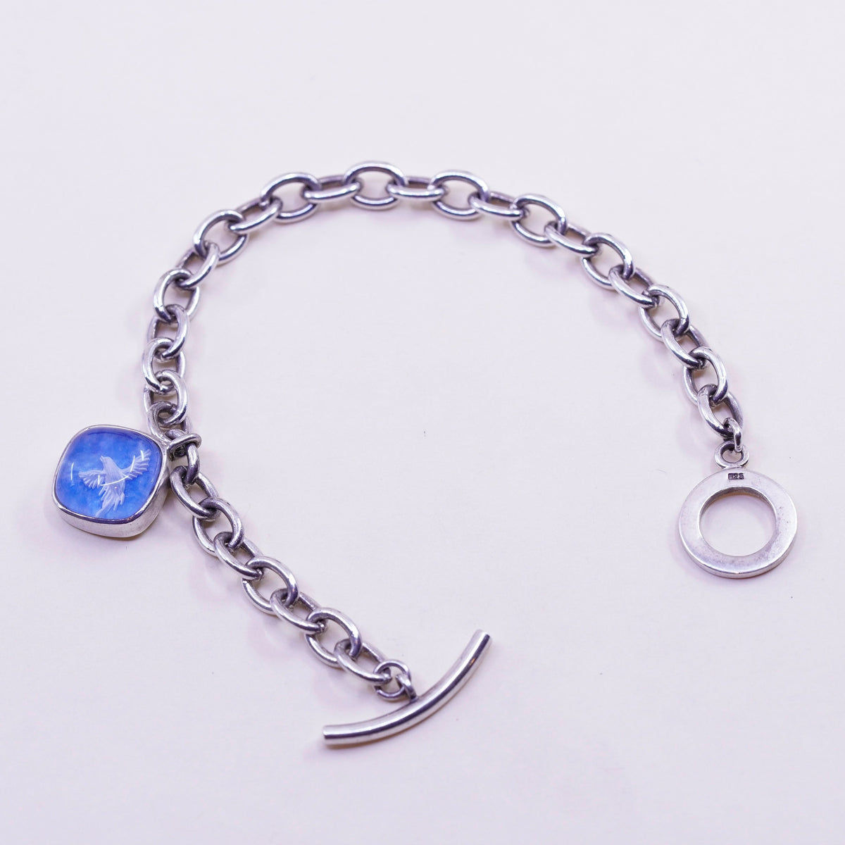 7” Ricardo Intaglio Cayman Islands Sterling 925 Silver bracelet blue dove Charm