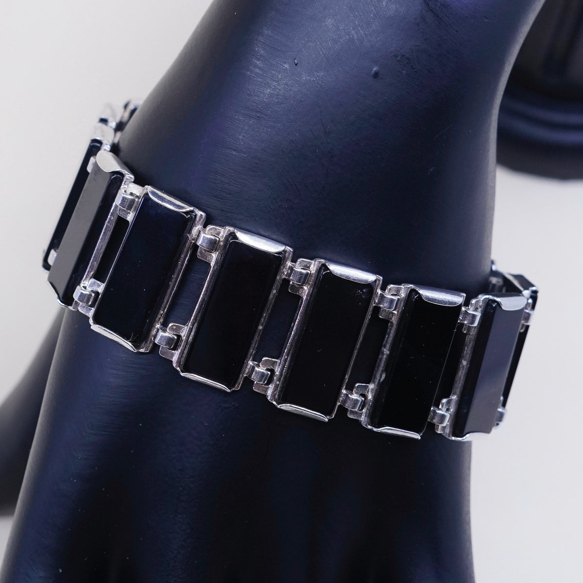 7.5”, Vintage Sterling silver handmade bracelet, Mexico 925 w/ square obsidian