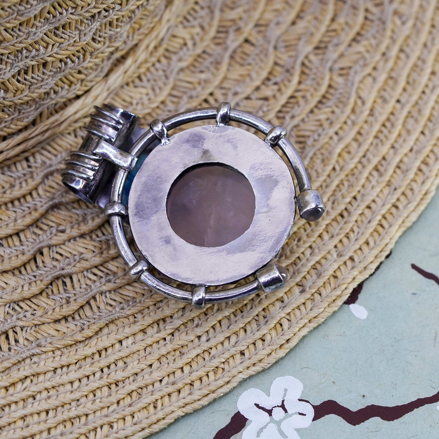 Vintage sajen Sterling 925 silver handmade pendant with round rose quartz