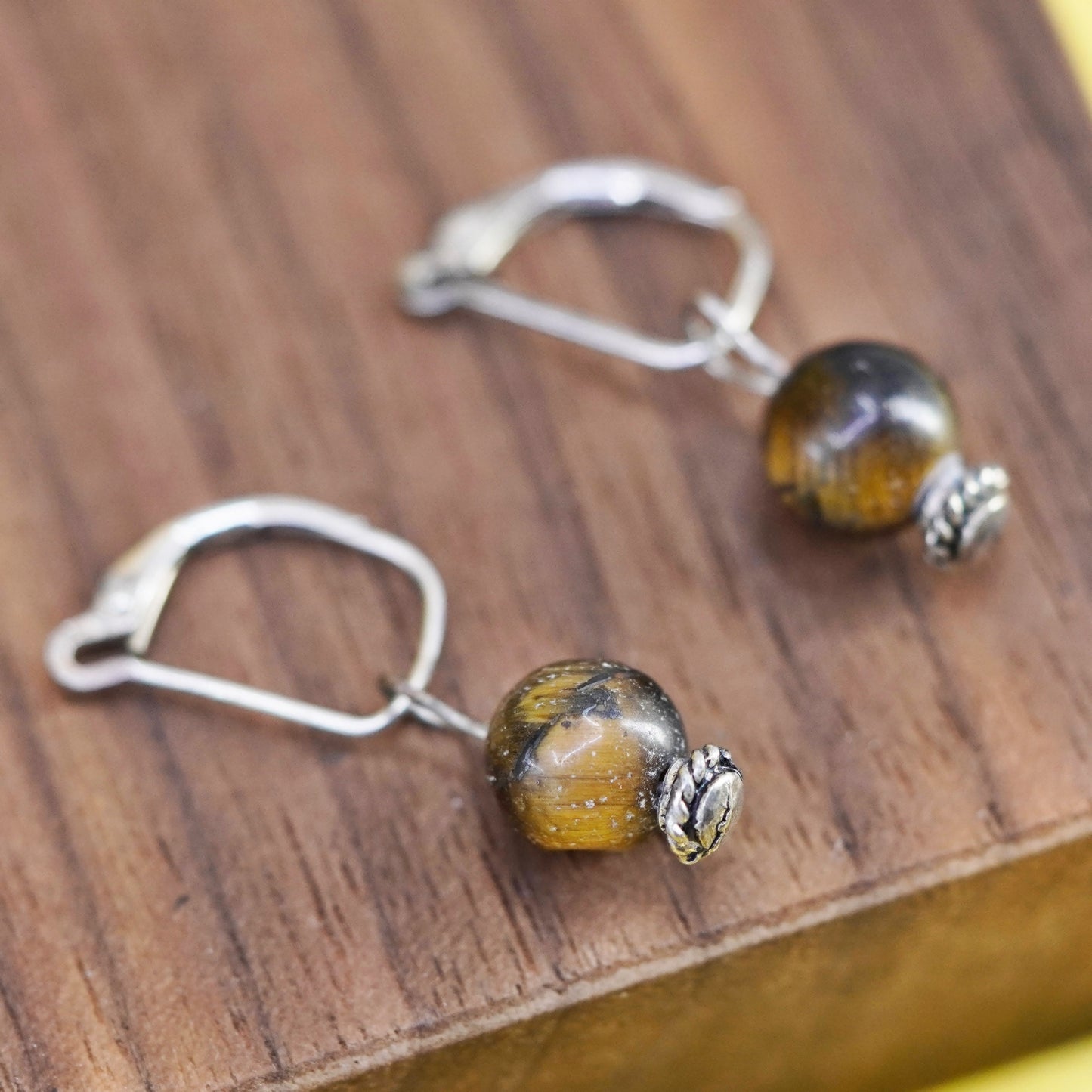 Vintage Sterling 925 silver handmade earrings with golden cat’s eye beads