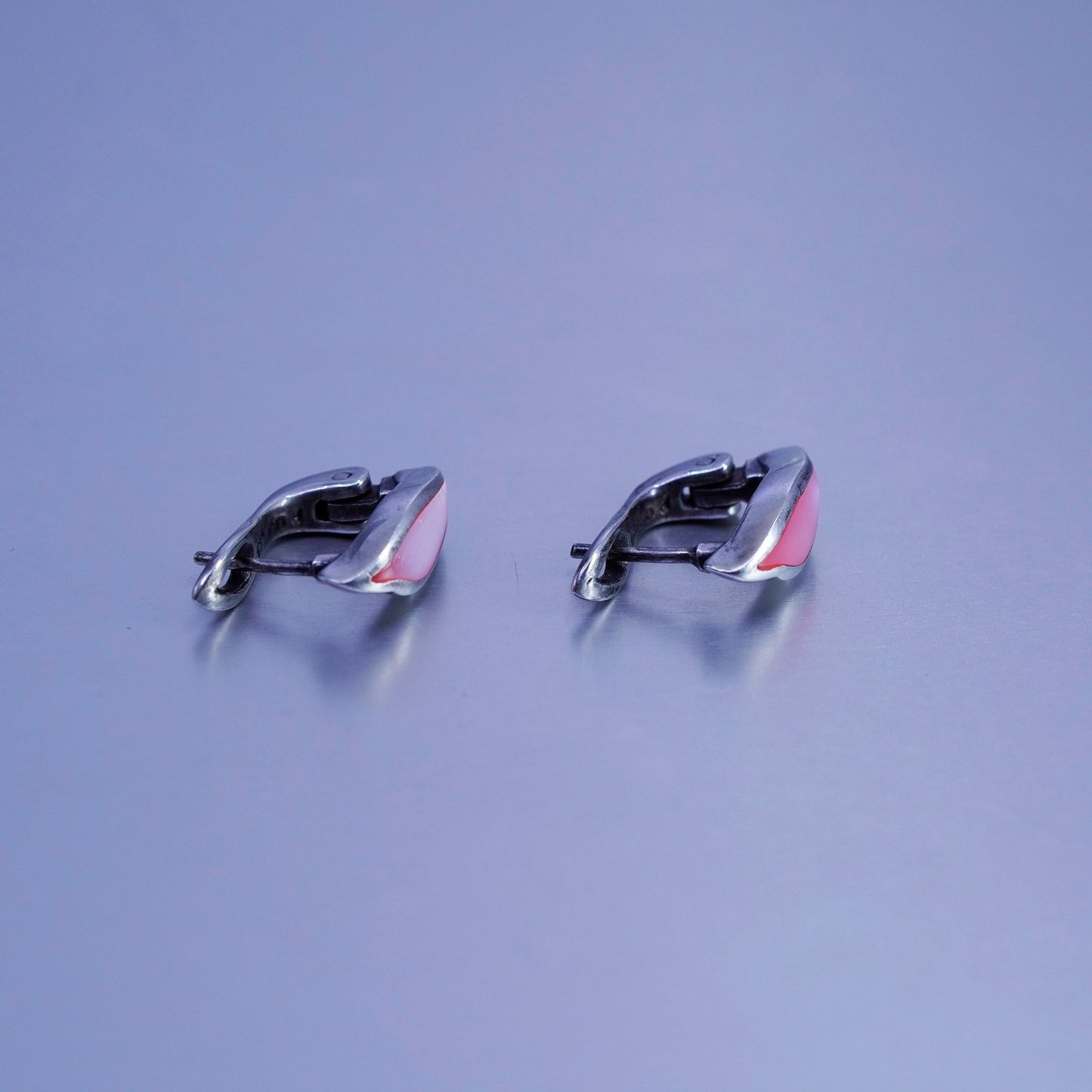 0.75”, Sterling silver handmade earrings, 925 huggie hoops pink mother of pearl