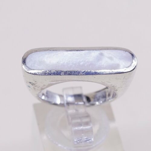 Sz 8, Vtg Sterling Silver Handmade Ring, 925 Silver Band W MOP, stamped 925